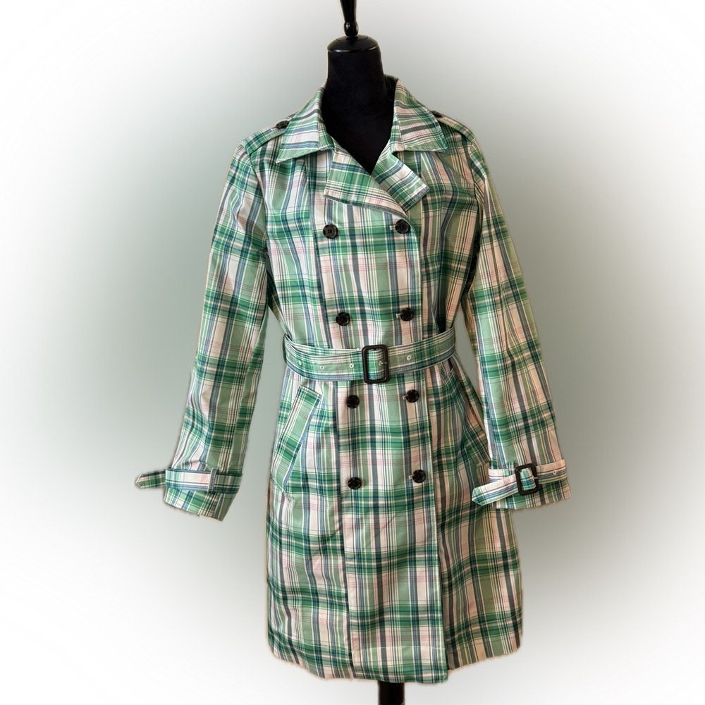 On 34th Double-Breasted Trench Coat; plaid button down with tie belt size XL